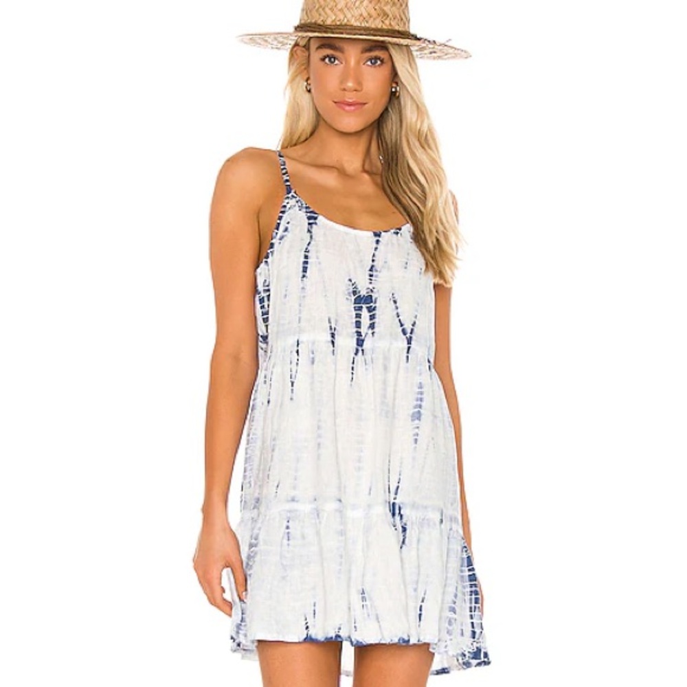 Bella Dal White Blue The‎ Dye Linen Tiered Pullover Strappy Sundress M